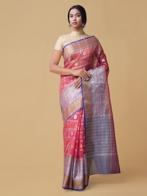 

Unnati Silks Pink & Blue Silk Blend Woven Design Handloom Banarasi Saree
