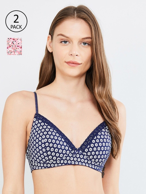 

max Pack of 2 Printed Non-Wired Lightly Padded T-shirt Bras SU202PKPDNW02BLUE, Navy blue