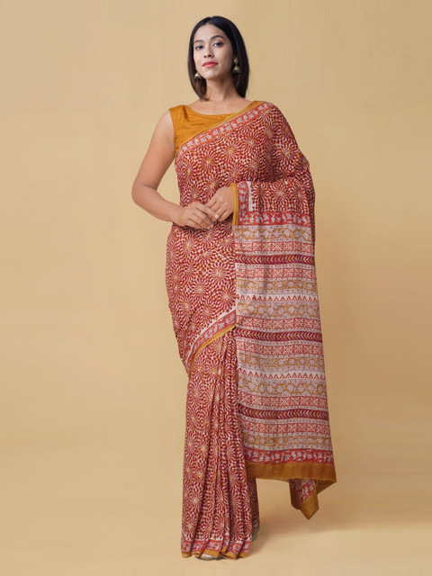 

Unnati Silks Red Pure Cotton Printed Handloom Block Print Saree
