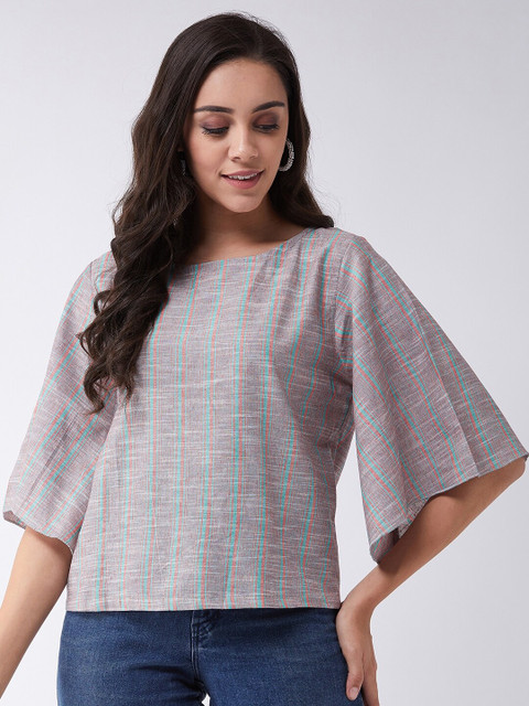 

InWeave Women Grey & Blue Striped Boxy Pure Cotton Top