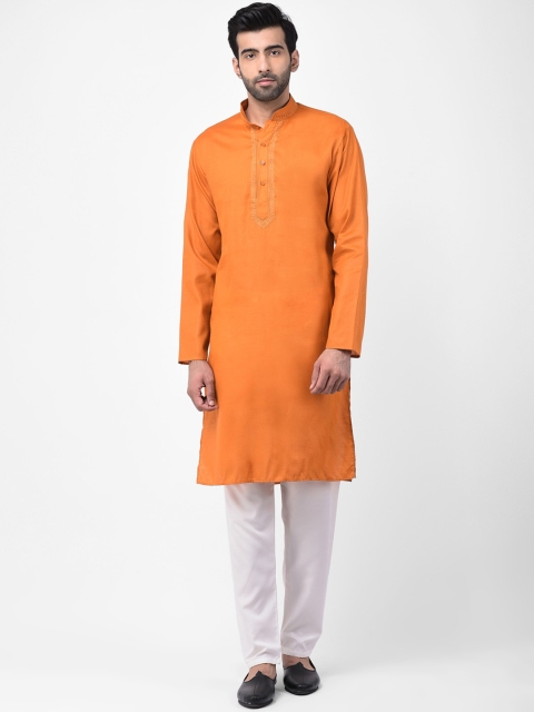 

SG LEMAN Men Orange & White Solid Silk Kurta with Pyjamas