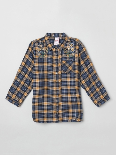 

max Girls Blue & Mustard Yellow Regular Fit Checked Casual Shirt