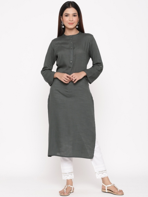

Juniper Women Olive Green Woven Design Straight Kurta