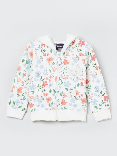

max Girls White & Orange Floral Printed Hooded Sweatshirt