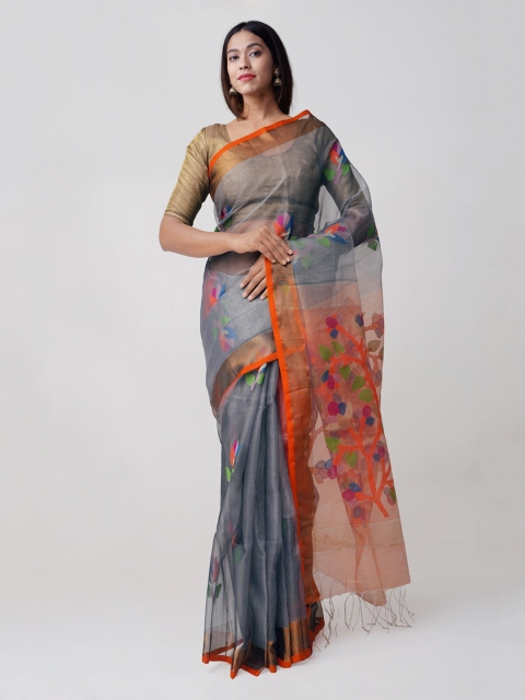 

Unnati Silks Grey & Orange Silk Cotton Woven Design Handloom Jamdani Saree