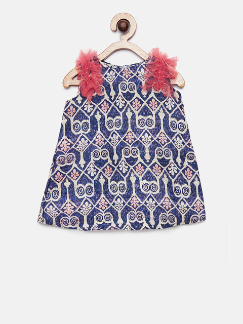 

MANY FROCKS & Girls Blue Printed A-Line Dress, Navy blue