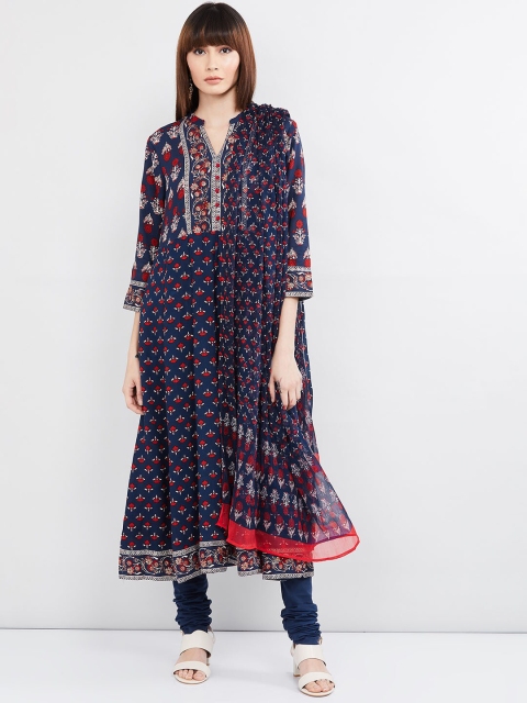 

max Women Navy Blue & Red Floral Printed Kurta with Churidar & Dupatta