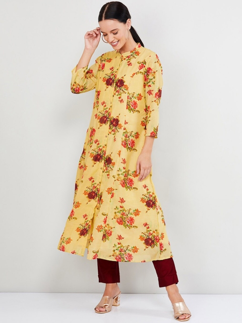 

max Women Yellow & Maroon Floral Printed Kurta with Trousers & Dupatta