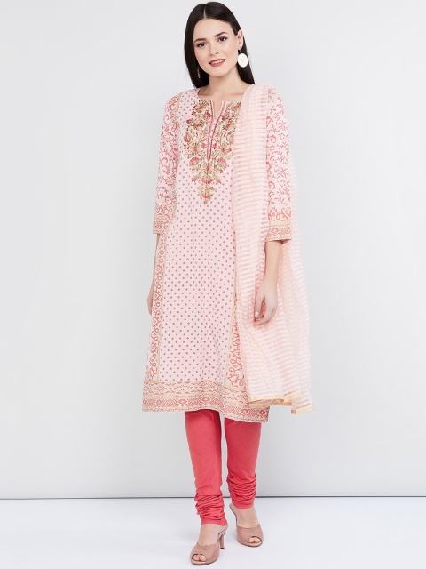 

max Women Pastel Pink & Coral Pink Printed Kurta with Churidar & Dupatta