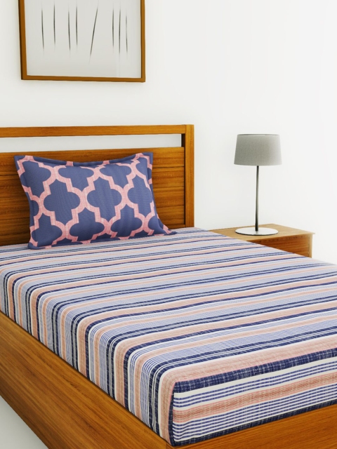 

BIANCA Blue & Pink Striped 144 TC Cotton 1 Single Bedsheet with 1 Pillow Covers