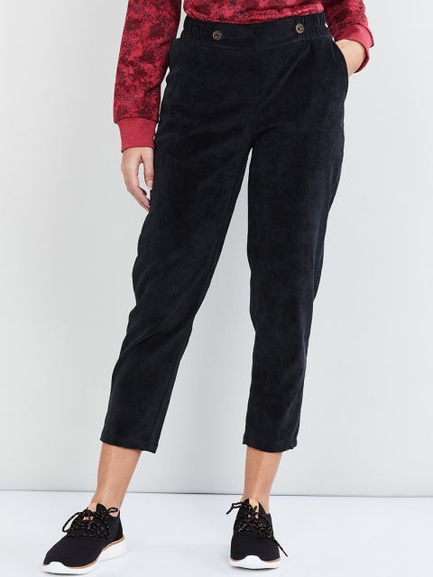 

max Women Black Slim Fit Solid Regular Trousers