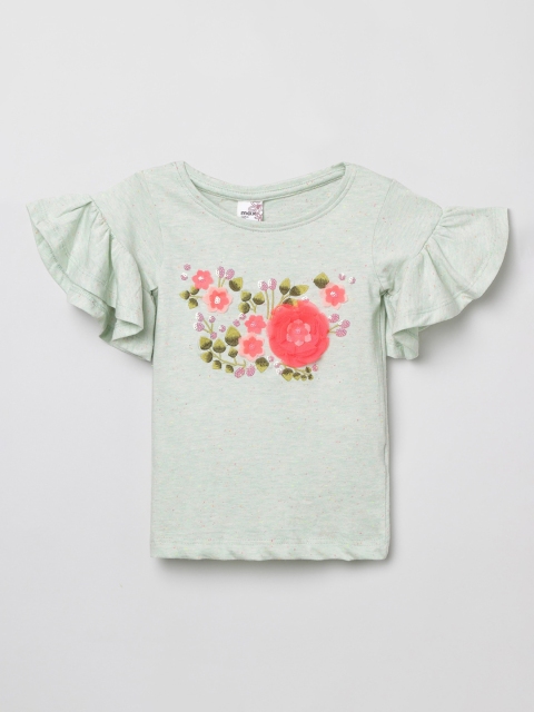 

max Girls Green & Pink Floral Applique Top