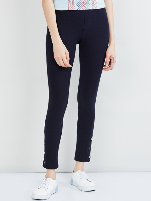

max Women Navy Blue Solid Skinny-Fit Jeggings