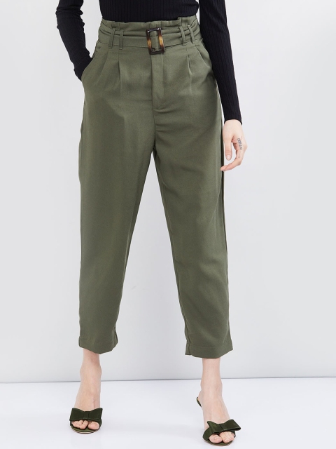 

max Women Olive Green Regular Fit Solid Regular Trousers