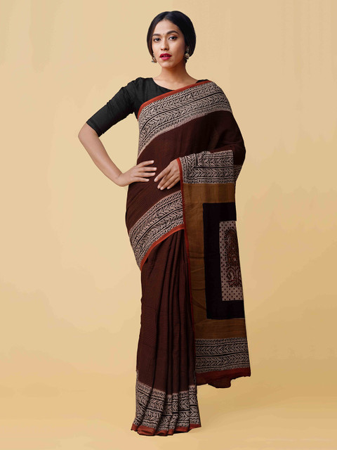 

Unnati Silks Burgundy & Mustard Yellow Silk Cotton Printed Kota Handloom Saree