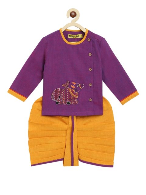 

Tiber Taber Boys Purple & Mustard Embroidered Solid Kurta with Trousers