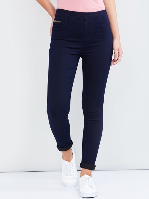 

max Women Navy Blue Solid Skinny-Fit Jeggings