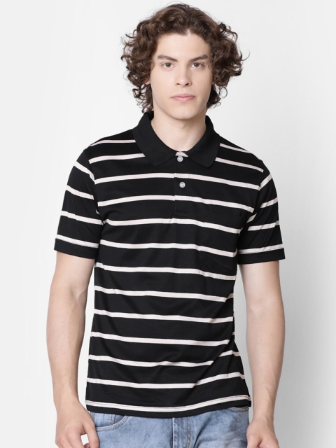 

IMYOUNG Men Black & White Striped Polo Collar Slim Fit T-shirt
