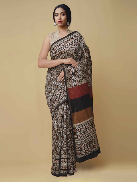 

Unnati Silks Black & Cream-Coloured Silk Cotton Printed Handloom Chanderi Saree