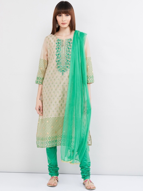 

max Women Beige & Green Embroidered Kurta with Churidar & Dupatta