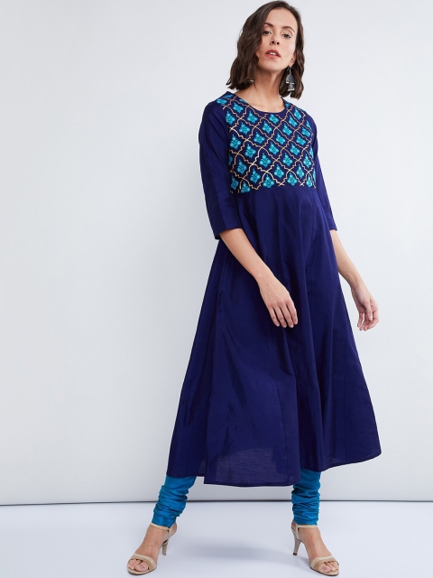 

max Women Navy Blue & Turquoise Blue Embroidered Kurta with Churidar & Dupatta
