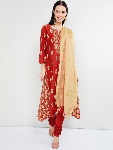 max Women Red & Beige Printed Kurta with Churidar & Dupatta