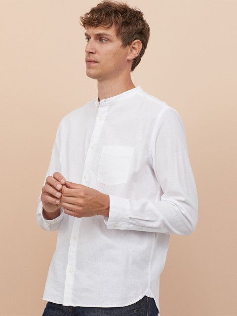 

H&M Men White Linen-Blend Shirt Regular Fit