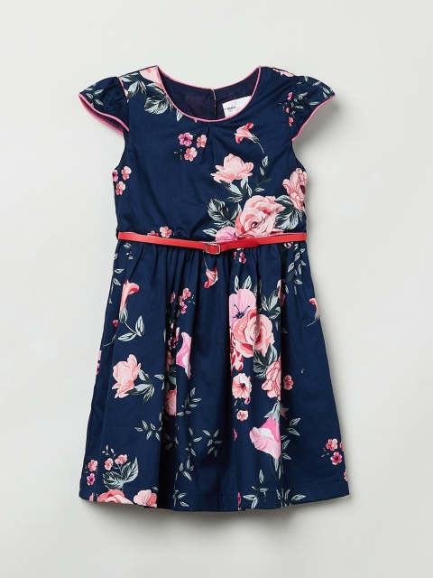 

max Girls Navy Blue & Pink Floral Print A-Line Dress