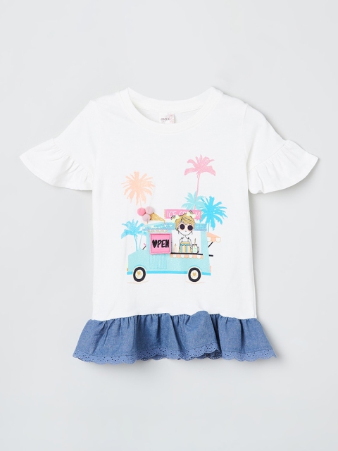 

max Girls Cream-Coloured Printed Pure Cotton Top