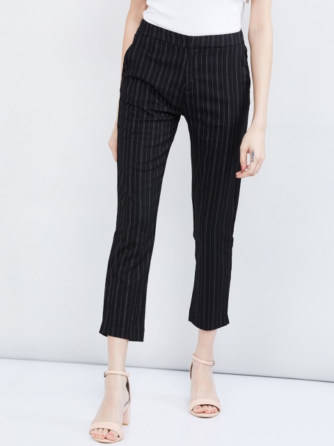 

max Women Black Slim Fit Striped Regular Trousers