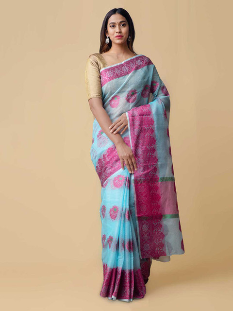 

Unnati Silks Blue & Pink Silk Cotton Woven Design Handloom Kota Saree