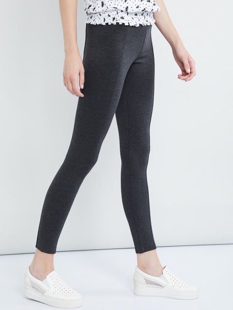 

max Women Charcoal Grey Self-Design Skinny-Fit Cropped Treggings