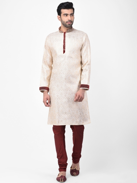 

SG LEMAN Men Off-White & Maroon Self Design Kurta with Churidar