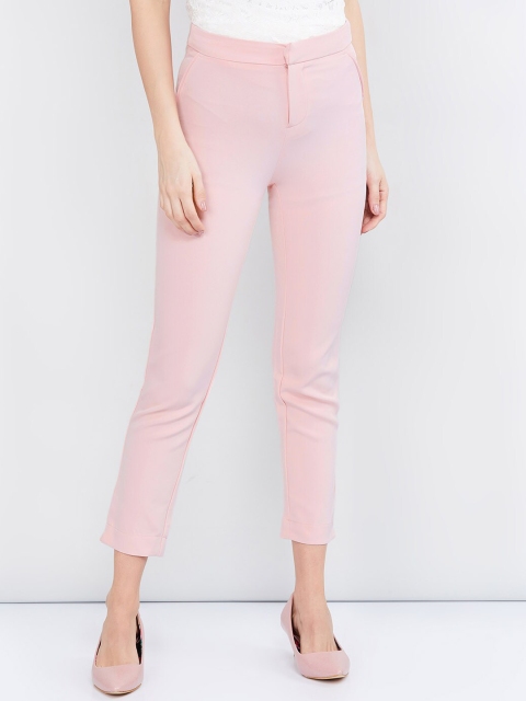 max Women Peach-Coloured Slim Fit Solid Regular Trousers