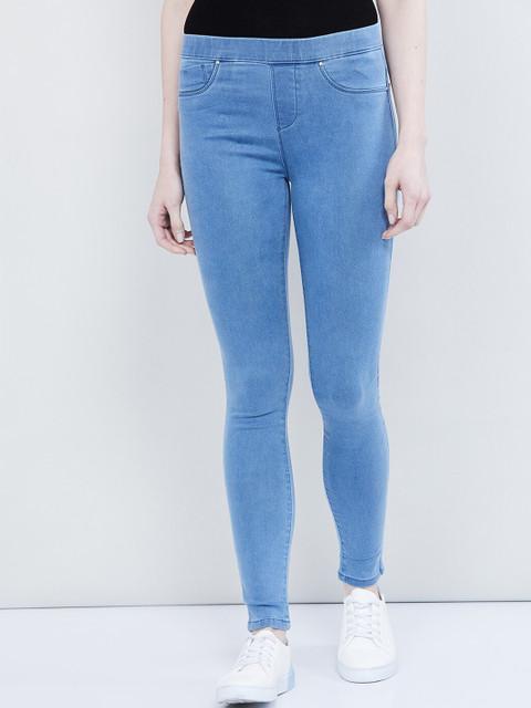 

max Women Blue Solid Skinny-Fit Jeggings