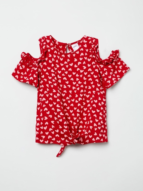 

max Girls Red & Off-White Printed Cold-Shoulder Top