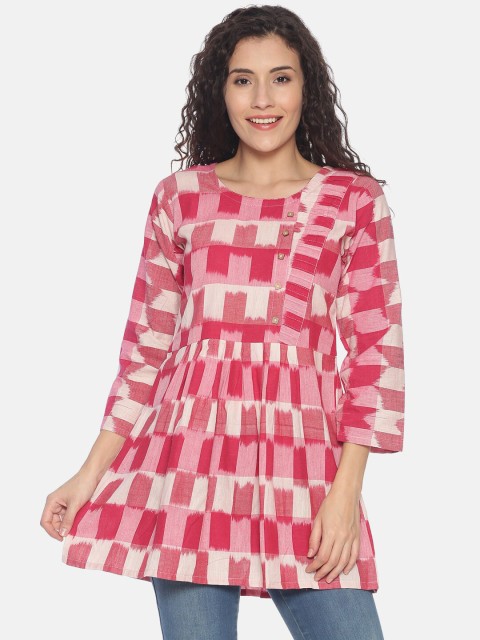 

Resha Women Pink & Red Checked Pure Cotton Ikat Handloom A-Line Kurt