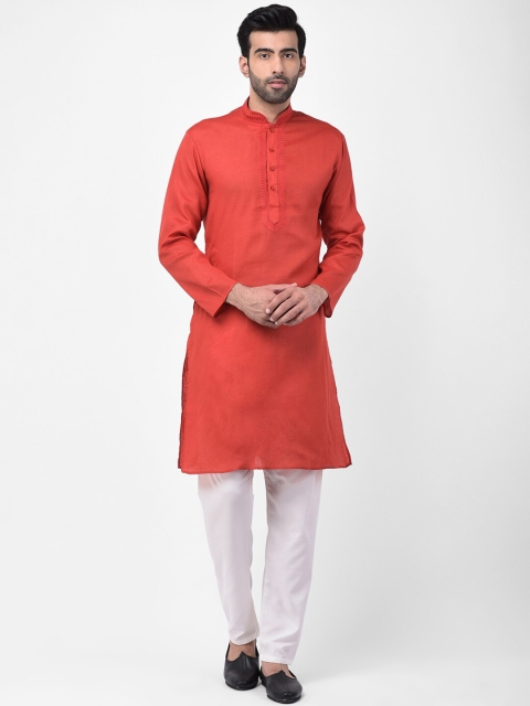 SG LEMAN Men Red & White Solid Silk Kurta with Pyjamas