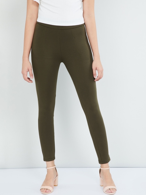 

max Women Olive Green Solid Skinny-Fit Treggings