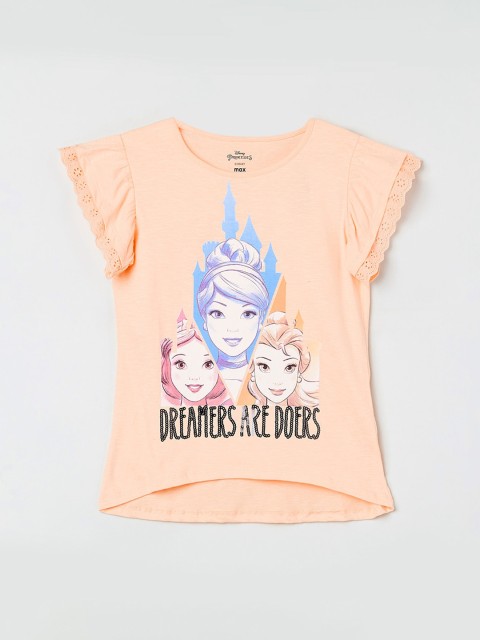 

max Girls Peach-Coloured Printed High-Low Top