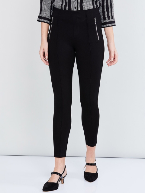 

max Women Black Solid Skinny-Fit Cropped Treggings