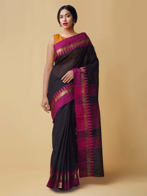 

Unnati Silks Black & Pink Pure Cotton Solid Kanjeevaram Saree