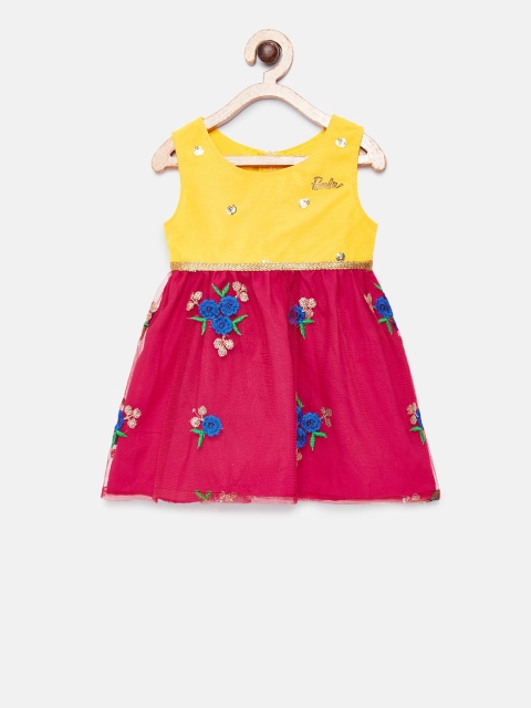 Barbie by Many Frocks & Girls Yellow Self Design Fit and Flare Dress