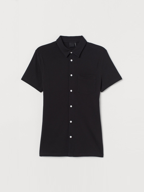 

H&M Men Black Solid Piqu Shirt Muscle Fit