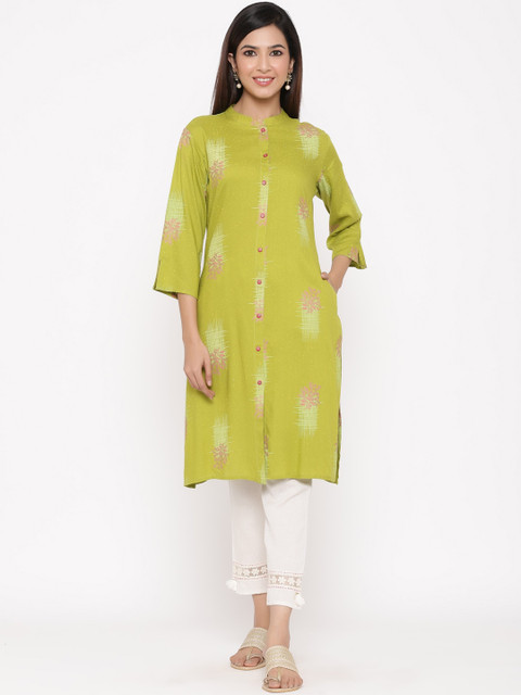 

Juniper Women Olive Green & Off-White Printed Straight Kurta
