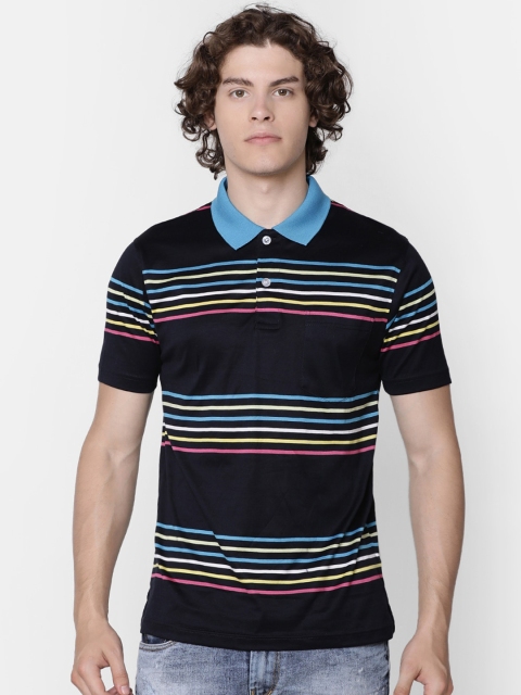 

IMYOUNG Men Black & Blue Striped Polo Collar Slim Fit T-shirt