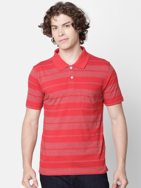 

IMYOUNG Men Red Striped Polo Collar T-shirt