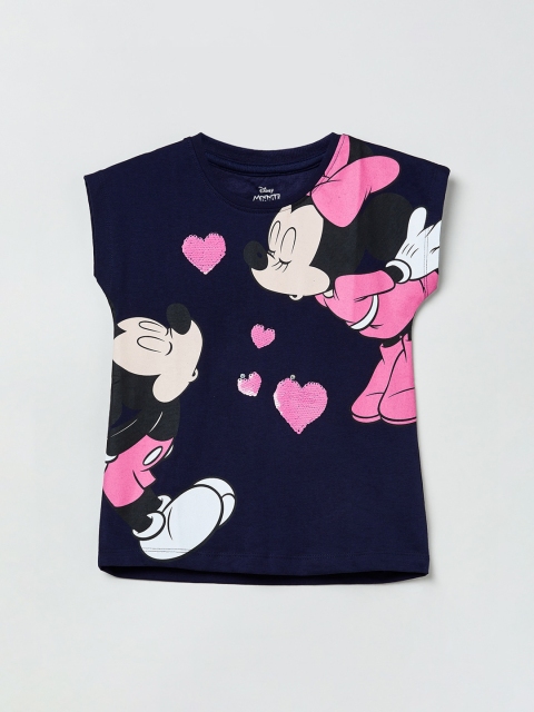 

max Girls Navy Blue & Pink Mickey Mouse Printed Round Neck T-shirt