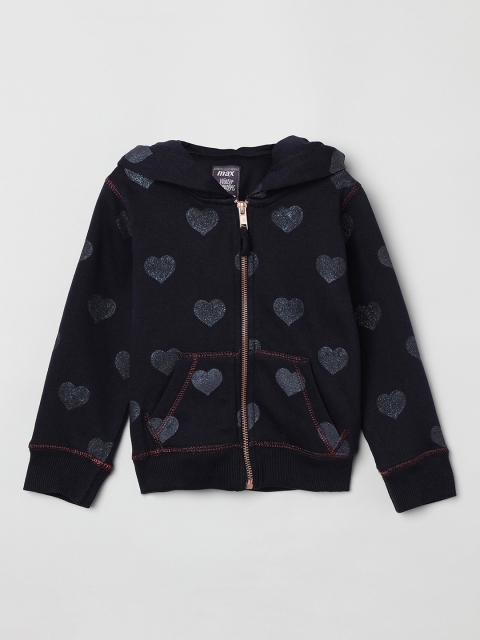

max Girls Navy Blue Printed Hooded Sweatshirt