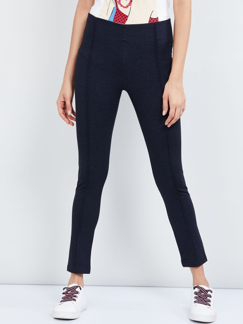 

max Women Navy Blue Solid Skinny-Fit Treggings
